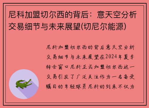 尼科加盟切尔西的背后：意天空分析交易细节与未来展望(切尼尔能源)